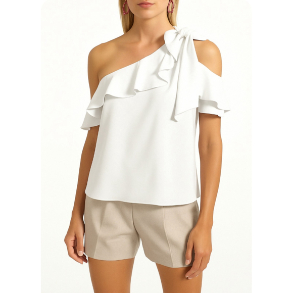 Trina Turk Tops - Trina Turk Hot Springs Top XS White One Shoulder Bow Ruffle Asymmetrical USA